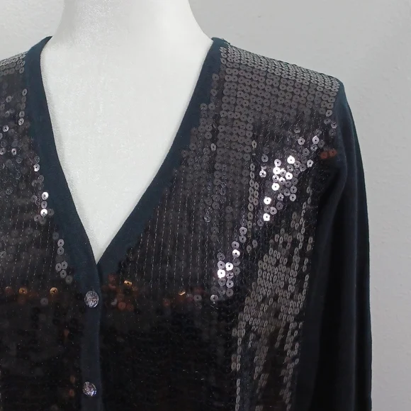 The Quacker Factory Sequin Sweater Cardigan Button Medium M Shiny EUC - Picture 2 of 13